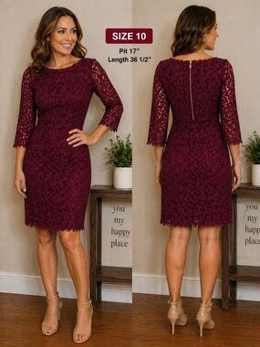Adrianna papell Lace Sheath Dress in Burgundy size 10 - Pit 17” Length 36 1/2”